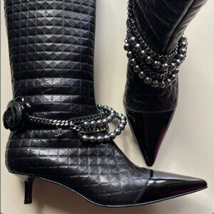 Authentic Chanel  quilted pearl charm camellia flower boots